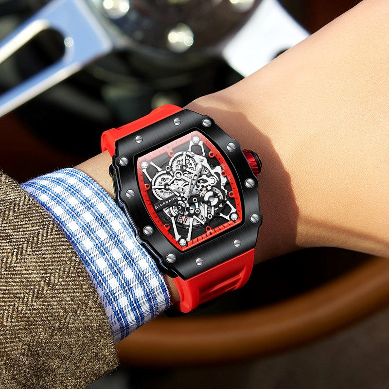 Giordano Analog Watch for Men - Skeleton-Style Dial | Brushed Steel Case with Silicone Strap | GZ-50127-06